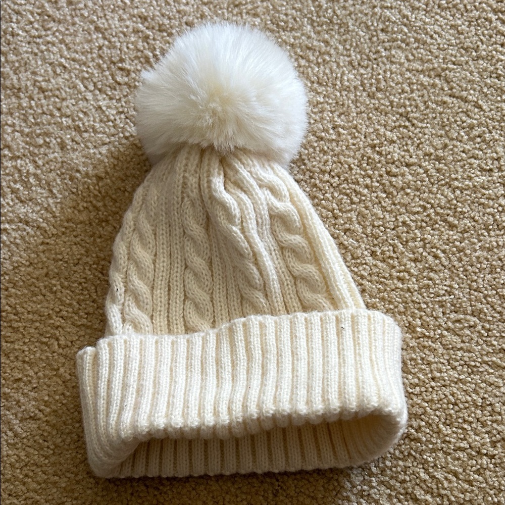 Kids Cream Cable Knit Pom Pom Beanie